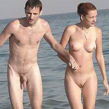 Watching couples of nudists without panties on the sea