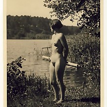  Vintage retro finest naked ladies's pussy, nipples, pubis, tities, on beach at nudist photography..